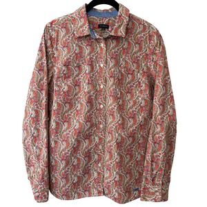 Talbots Womens Paisley Button Down Shirt Red Blue Cotton Dragonfly Size 10 Boho